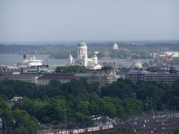 Helsinky z věže Olympijského stadionu, katedrála - Helsinky, Finsko